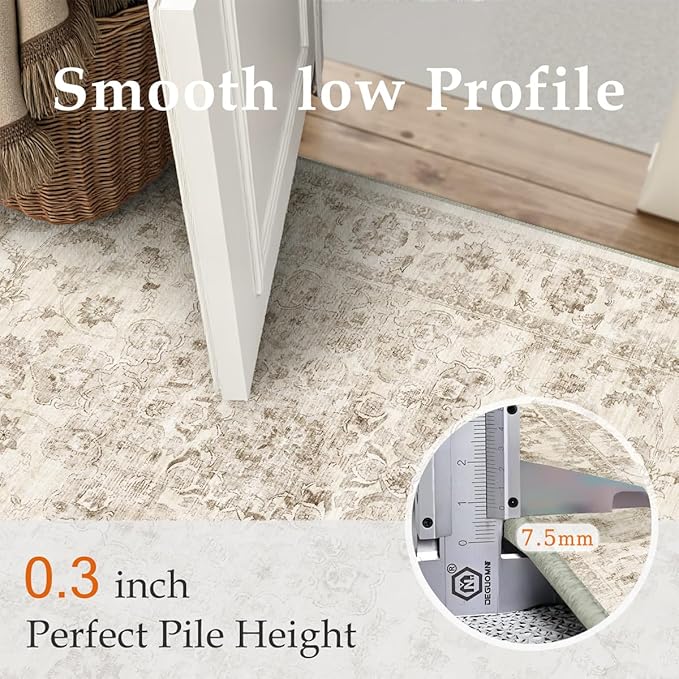 2x6 Washable Neutral Runner Rug Beige Vintage Hallway Kitchen Carpet Non-Slip Soft Low Pile Farmhouse Throw Rug for Bedroom Bathroom Laundry Living Room