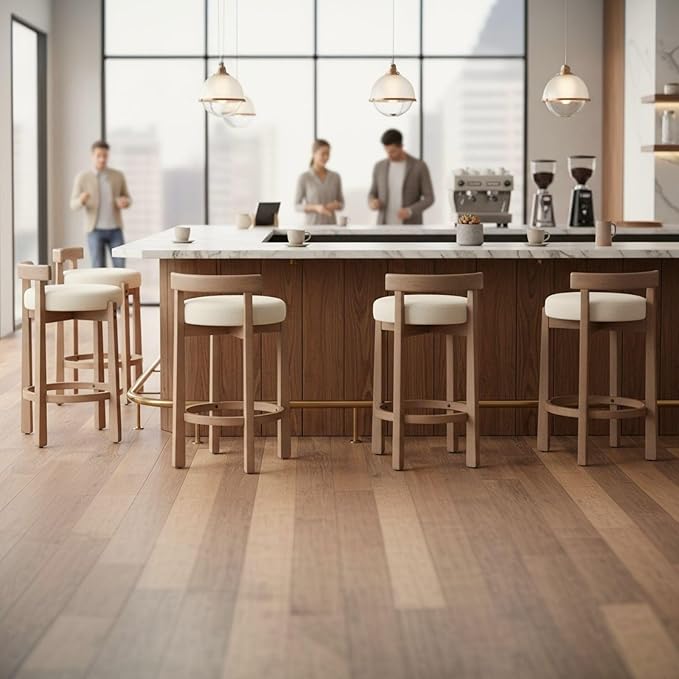 LukeAlon Linen Counter Stools Set of 5, Upholstered 26.5” Seat Height Low Barstools with Natural Wood Legs Round Low Back Kitchen Stools with Footrest for Dining Room Bar Coffee Shop, Beige