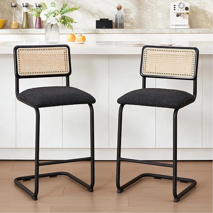 Zesthouse Natural Rattan Counter Stools Set of 2, 26'' Mid Century Modern Counter Height Barstools with Solid Wood Back & Cane Mesh, Upholstered Black Boucle Bar Stools for Kitchen Island, Chrome Base