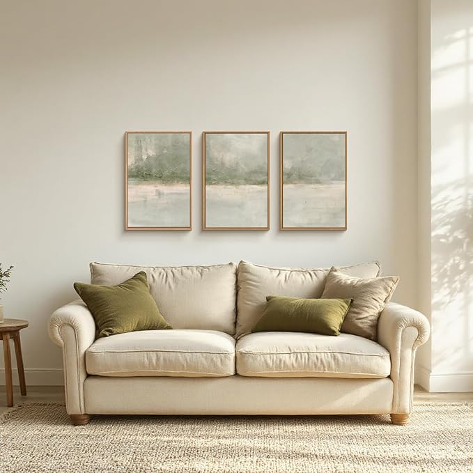 FWIEXA Grey Green Abstract Canvas Wall Art Set 3, Neutral Landscape Framed Prints, Modern Lake Scenery Paintings, Beige 16x24In Watercolor Artwork Poster for Farmhouse, Living Room, Bedroom, Office