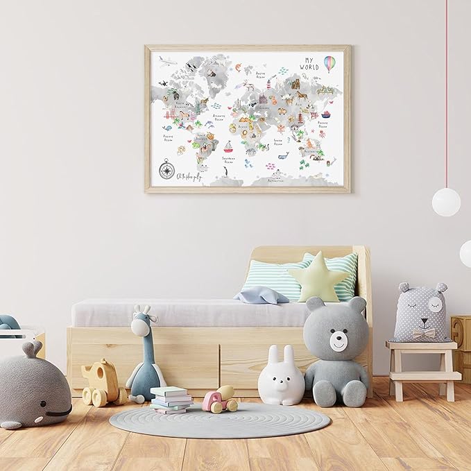 Joocrise Grey Kids World Map Wall Art Animal Map Canvas Wall Art Nursery Wall Decor World Map Poster Childrens Room Decor Playroom Prints Educational Artwork 16x24 Inch Wood Frame