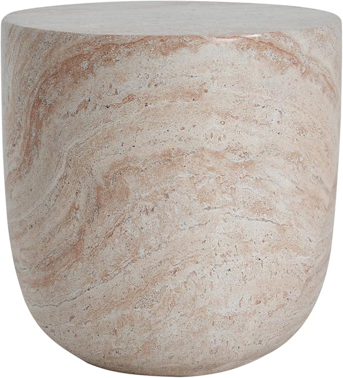 KEVINSPACE Small Side Coffee Table Outdoor MGO Round Travertine Finish End Living Room Accent Sofa Bedside Couch Table Bedroom Apartment Indoor 15.5" W x15.75 H Lightweight Beige Concrete