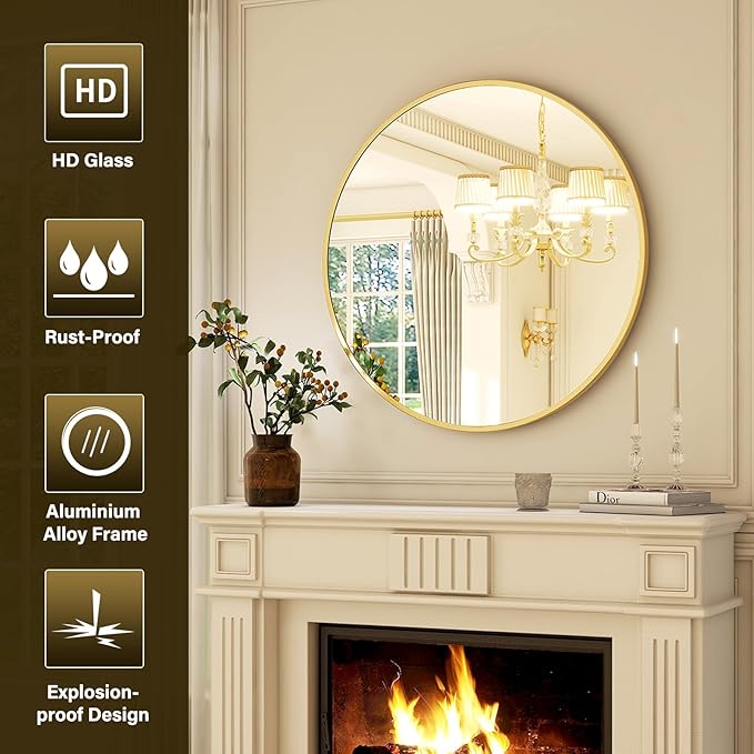XRAMFY 30 Inch Round Mirror - Circle Mirrors for Bathroom, Entryway and Living Room Wall Decor, Modern Hanging Vanity Mirror, Matte Gold Circle Decorative Wall Mirror