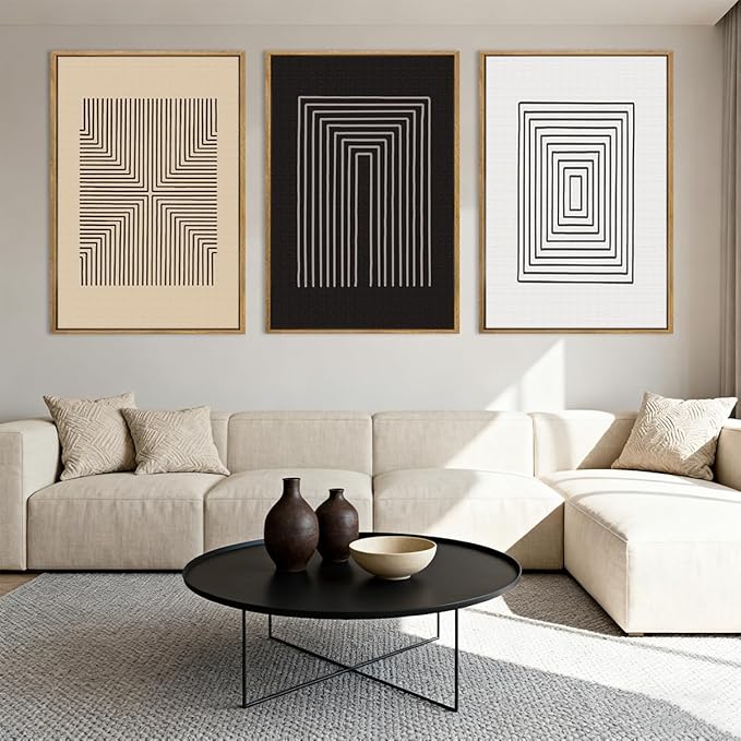 Anyzal Large Black Abstract Wall Art Framed16x24 Inch Brown and White Modern Minimalist Canvas Wall Decor Neutral Textured Art Prints for Living Room Bedroom Office Set of 3