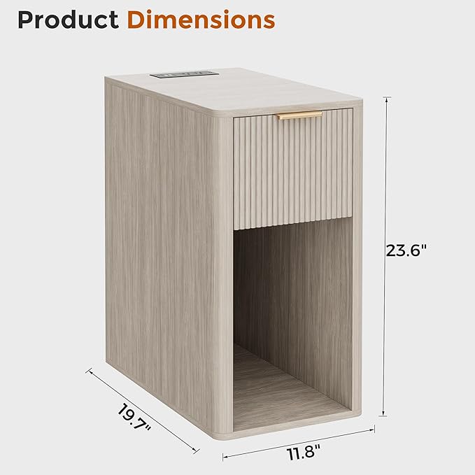 Homleke Narrow End Table with Fluted Drawer and Charging Station, Small Nightstand with USB Ports & Outlets, Bedside Table for Bedroom or Living Room, Modern Accent Table, Light Gray Birch