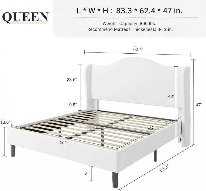 Allewie Velvet Platform Queen Bed Frame with Wingback and 47" Tall Tufted Headboard, Modern Minimalist Design, No Box Spring Required, Tool-Free Assembly, White