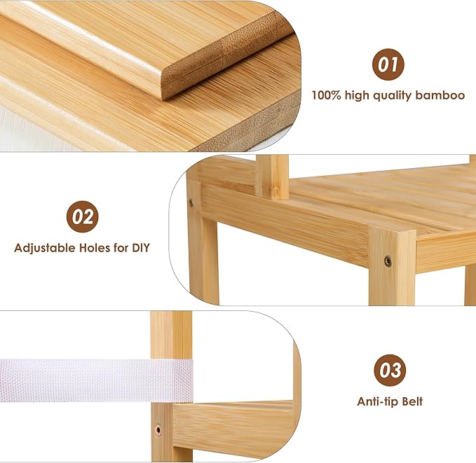 FOTOSOK Bamboo Shelf, 7 Tier Plant Stand Indoor, 3 Row Ladder Shelf, Bookshelf and Bookcase, Plant Shelves with Adjustable, Corner Display Stands, Flower Stand for Living Room Balcony Kitchen Natural