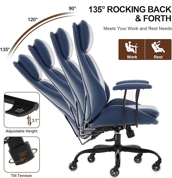 E-Motie Office Chair, Leather Desk Chair with Rubber Wheels, Ergonomic Computer Chair 500 LBS with Lumbar Support, High Back Executive Chair for Modern Home Office, Blue
