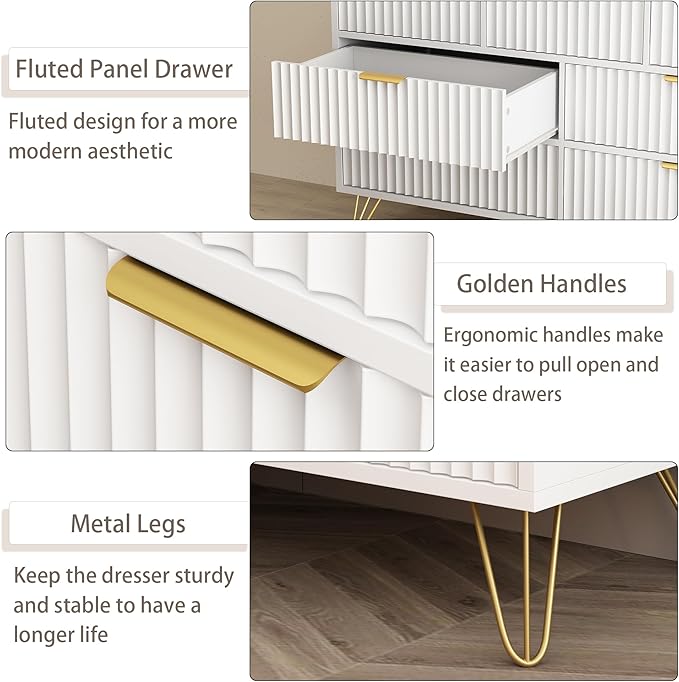 White Dresser for Bedroom, 7 Drawers Dresser with Golden Handles, Modern Wood Chest for Living Room, Hallway, Entryway
