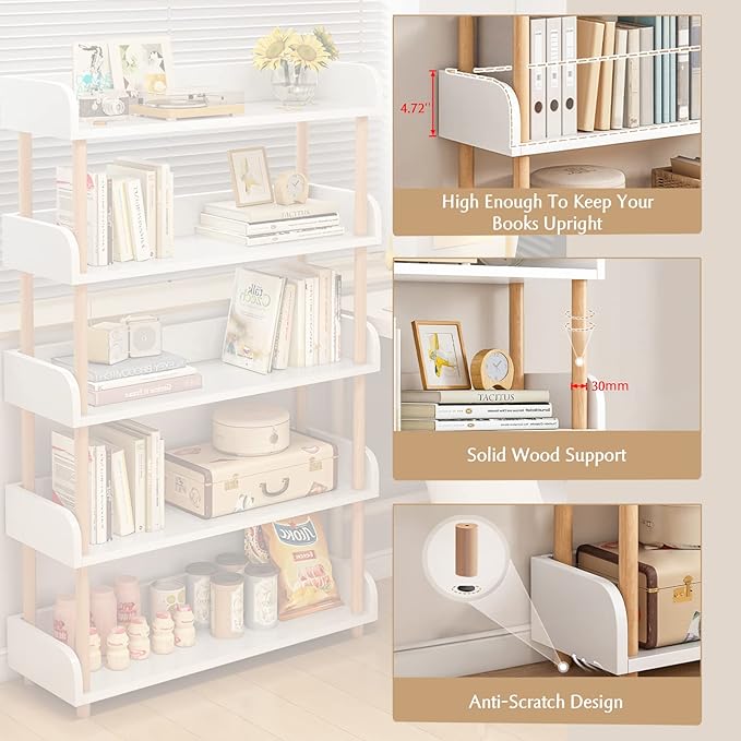 OSCHF 4-Tier Wooden Open Bookcase - Modern Display Bookshelf with Top Edge and Solid Wood Frame for Home and Office, Storage Cabinet, Warm White