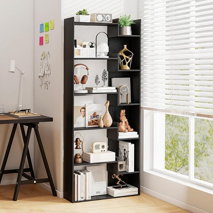 Tangkula 6-Tier Bookshelf, 64”H Tall Open Bookcase with Anti-Tip Kits, Home Office Free-Standing Wood Room Divider Display Book Shelf, Modern 11-Shelf Storage Rack for Study, Living Room (2, Black)