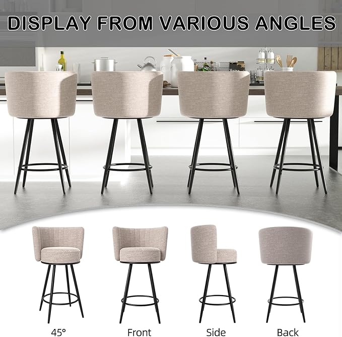 HONIFUR Bar Stools Set of 4, 27" Tufted Modern Counter Height Bar Stools, Upholstered Barstools with Back & Footrest Metal Legs, Stools for Kitchen Island, Counter, Cafes, Dining Room (Beige)