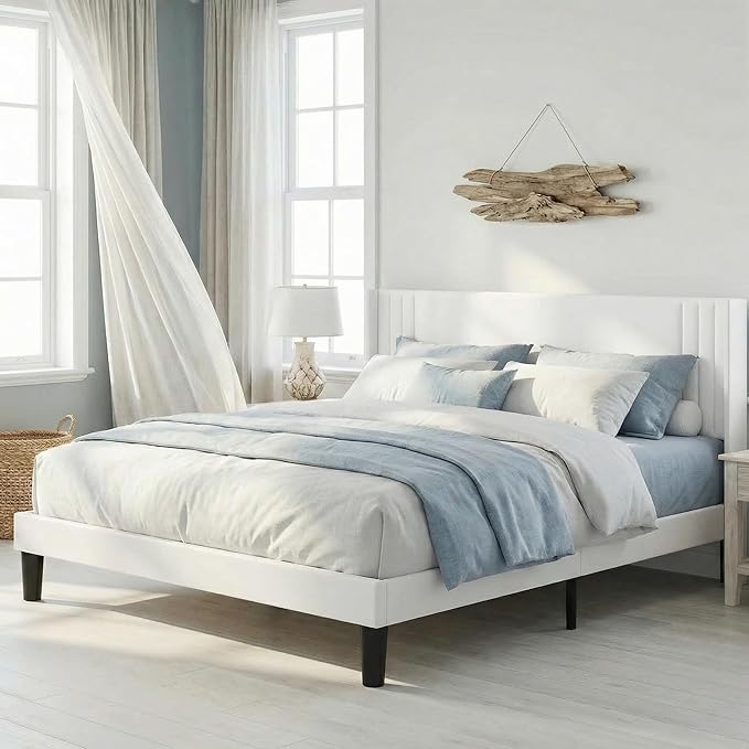 Gizoon Full Bed Frame with Wingback Headboard, Upholstered Platform Bed with Modern Geometric Headboard, Wooden Slats, Noise-Free, No Box Spring Needed