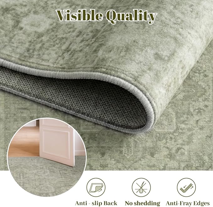 Homemate Washable Rug 10x12 Area Rugs - Vintage Faux Wool Rugs for Living Room Bedroom Dining Room - Non Slip Foldable Carpet Indoor Area Rug for Home Decor（10'x12', Green