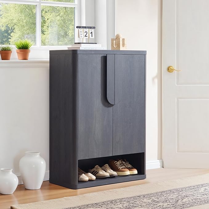 Shoe Cabinet 44" Tall Large Storage Organizer Modern Shoe Rack with Doors & 4 Shelves Minimalist Free Standing 5-Tier Cabinet for Entryway Hallway Living Room,Gray Black,2PCS