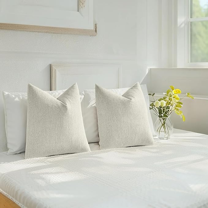 HAUSSY Cream White Throw Pillow Covers 24x24 Inch Set of 2,Boho Decorative Faux Linen Throw Pillows Cozy Farmhouse Accent Cushion Covers,Home Decor for Couch Sofa Bed Living Room