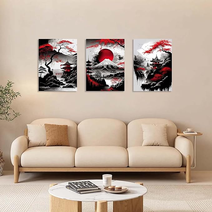 3 Piece Framed Canvas Wall Art Japanese Landscape Wall Decor with Red Sun, Mount Fuji, Pagoda & Cherry Blossom, Modern Asian Artwork for Living Room Bedroom Office, 12x16 Inch