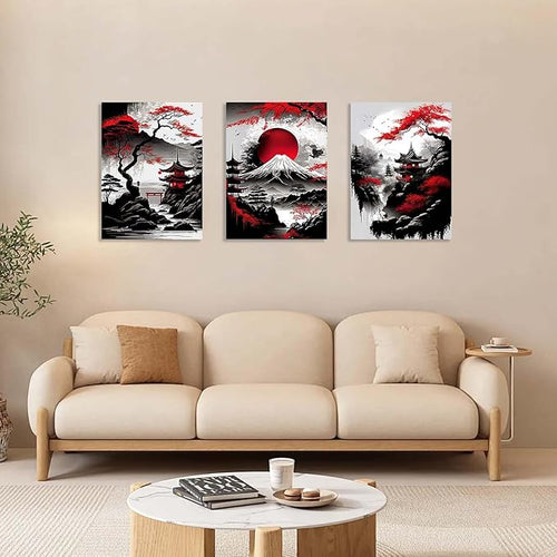 3 Piece Framed Canvas Wall Art Japanese Landscape Wall Decor with Red Sun, Mount Fuji, Pagoda & Cherry Blossom, Modern Asian Artwork for Living Room Bedroom Office, 12x16 Inch