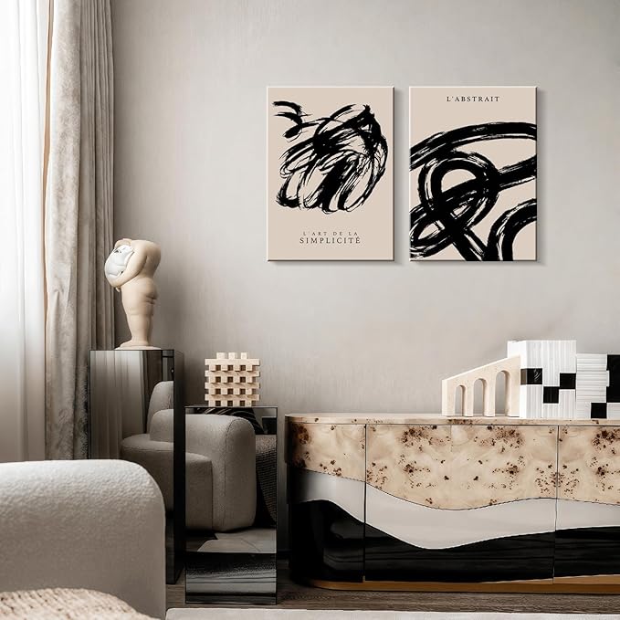 2 Framed Simple Black and White Canvas Wall Art Abstract Prints Modern Gallery Style Posters for Bedroom Living Room Bathroom Office Canvas Decor 12x16 Inch