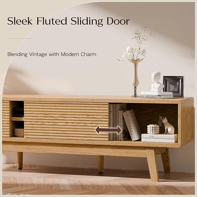 TOLEAD 59" Mid Century Modern TV Stand for TVs up to 65 Inch, Low Profile Entertainment Center with Fluted Sliding Doors & Storage, Wood TV Console Table for Living Room, Oak