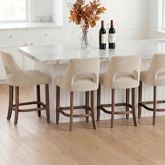 UVV Bar Stools Set of 2, Upholstered Counter Height Bar Stools, Modern Counter Stools with Wood Legs for Kitchen Island Dining Room Bar, Beige