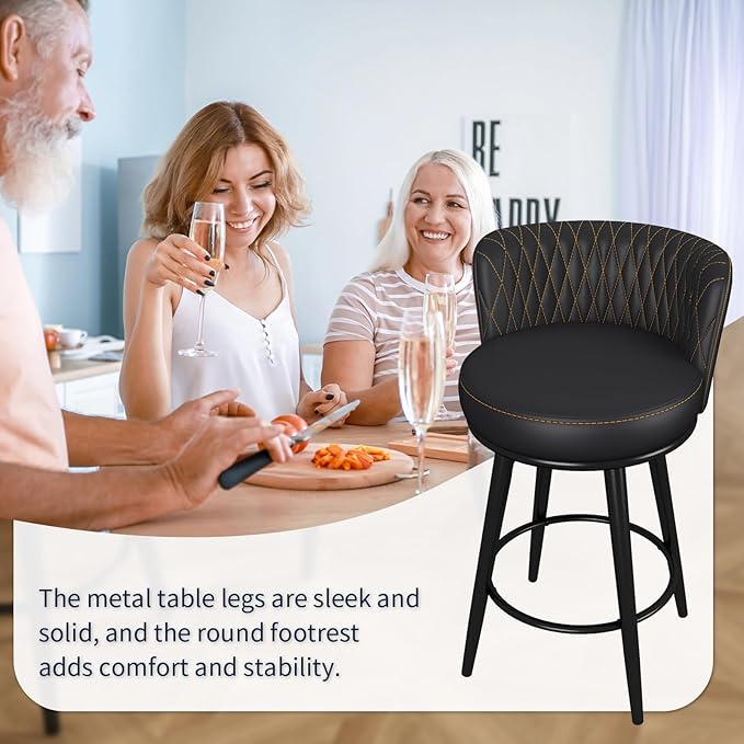 HONIFUR Bar Stools Set of 4, 27 Inch Barstools with Sturdy Legs, Leather Farmhouse Counter Height Bar Stool for Kitchen, Dining, Bar (Swivel, Black, Leather)