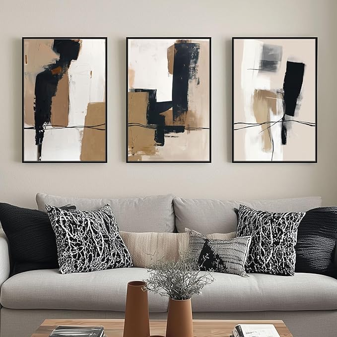 SAFERRYHOME Neutral Abstract Wall Art Tan and Black Framed Canvas Print Set, Mid-Century Modern Brown Minimalist Shapes for Living Room, Bedroom, Office - Ready to Hang - Set of 3, 16x24 Inch