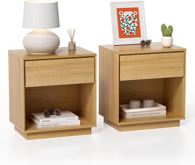 EYYTHUNG Modern End Side Table Set of 2, Wood Nightstand with Storage and Open Shelf, Farmhouse Boho Bedside Table Accent Night Stand for Bedroom, Natural Oak