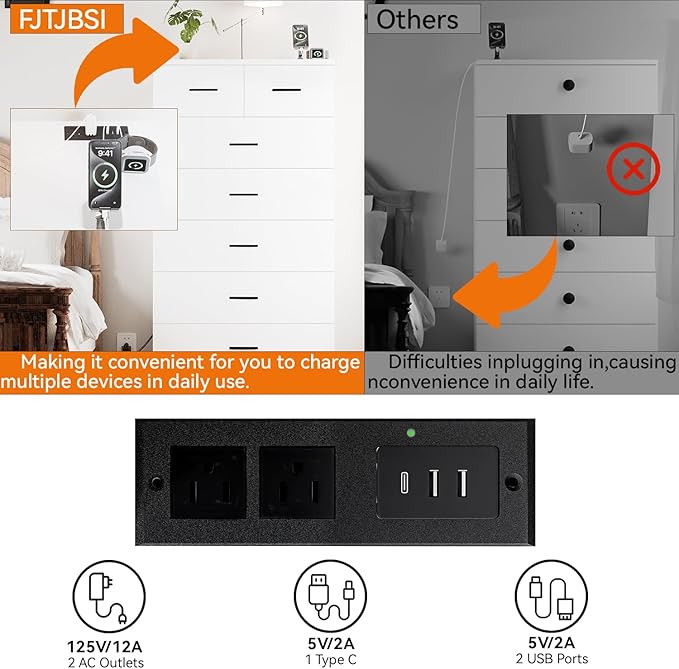 FJTJBSI 47.3" Tall Dresser for Bedroom Chests of Drawers with Charging Station 7 Drawer Dressers with Metal Slide Rail Modern Wood Closet Organizer with Large Storage for Home Office Entryway