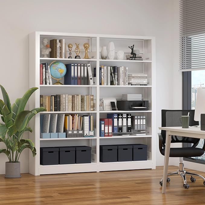 5-Tier Industrial Book Shelf, White Bookcases and Bookshelves,Tall Metal Bookcase Storage Organizer,Freestanding Bookshelf for Living Room,Home Office (White, Shelf-2)