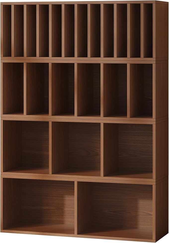 IOTXY DIY Modular Cube Bookcase - CubeXY Customizable Stackable Expandable Combination Set, 23-Cube Open Bookshelf for Books, Fabric Storage Bin, and 7/10-inch Vinyl Record Organizer, Walnut