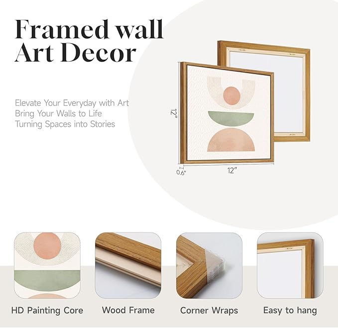 Framed Boho Abstract Wall Art, 4 Piece Pink Green Botanical Plant Modern Pictures Decor, Minimalist Farmhouse Geometric Mid Century Painting Prints for Bathroom Living Room Bedroom 12x12 Inch