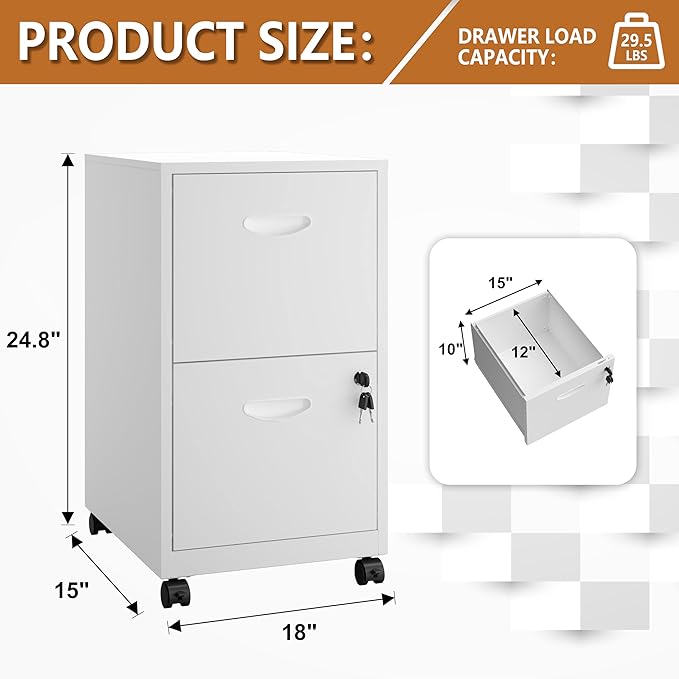 Polup 2 Drawer Rolling File Cabinet on Wheels, Mobile Two Drawer Filing Cabinet with Lock, Small Files Cabinets for Under Desk, Metal Filing Cabinets for Letter Size Folders, White - Assembly Required