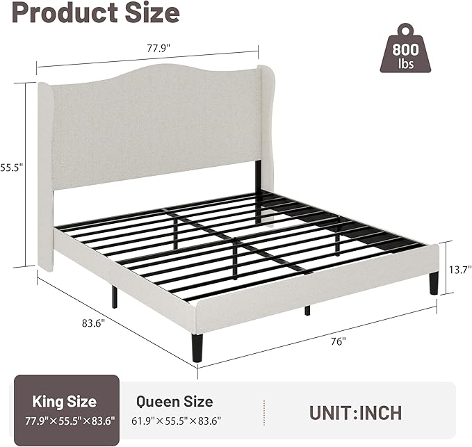 King Bed Frame with Extra Tall 55.5" Wingback Headboard, White Boucle Upholstered Platform Bed Frame, Modern Cloud Bed, Noise-Free, Metal Slats Support, No Box Spring Needed
