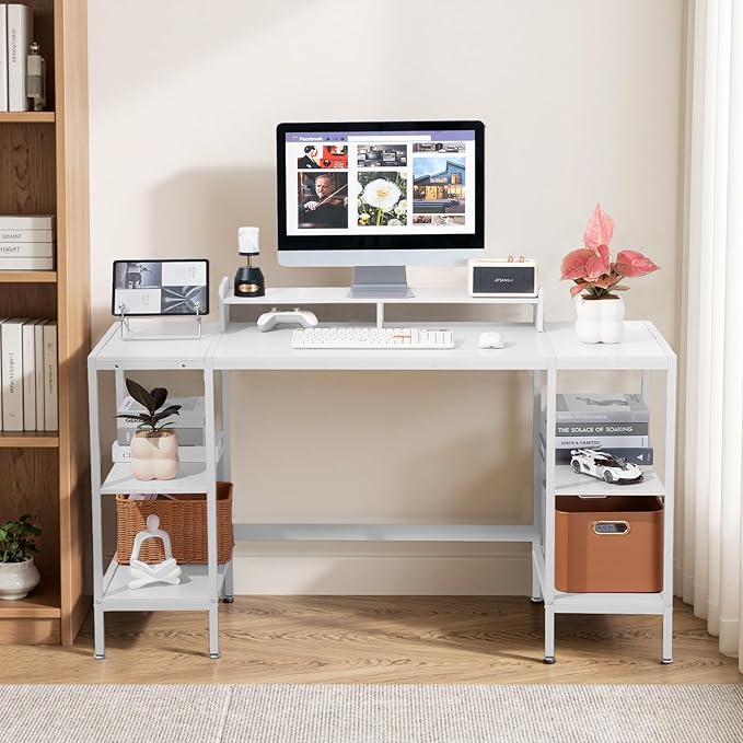 MINOSYS Computer Desk 55-inch with Storage Shelf - White Ideal Gaming Desk for Bedrooms, Small Spaces, and Home Offices Modern Writing Desk for PCs.