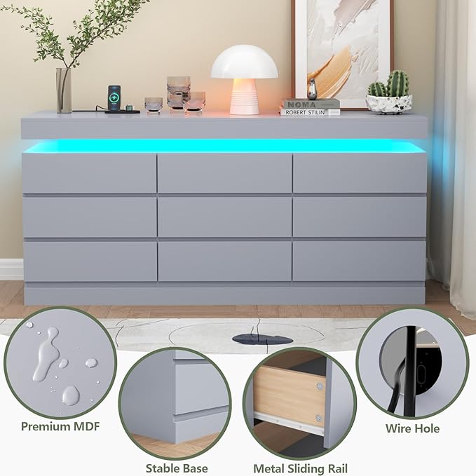 Gyfimoie 9 Drawer Dresser with Power Outlet, Dresser with LED Light, Modern Chest of Drawers for Closet, Double Wide Drawer Organizer Cabinet for Bedroom, Living Room (Grey, 9 Drawers)