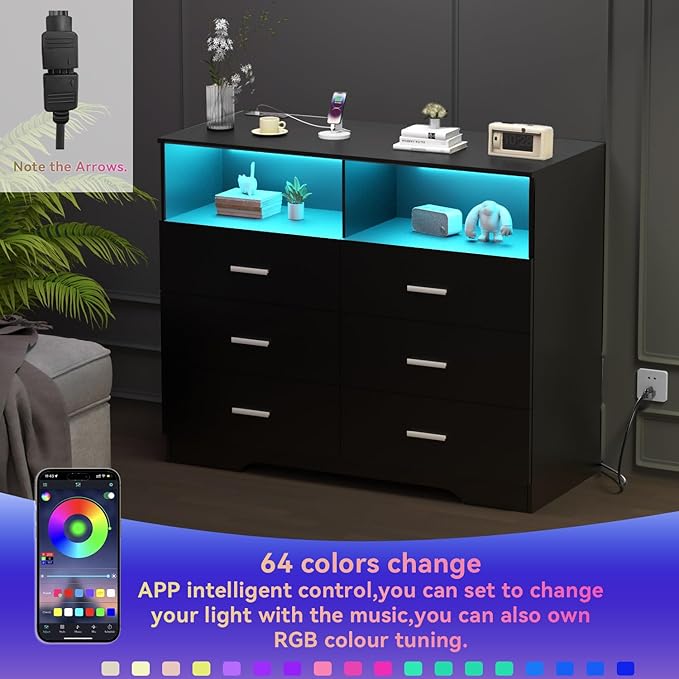 FJTJBSI Dresser with Power Outlets and LED Lights Wooden 6 Drawer Dresser with Large Organizer Tall Black Drawer for Bedroom Modern Chest of Drawers Closet for Living Room Kids Room