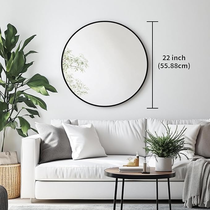 Oruii Round Mirror, Black Round Mirror 22 inch, Circle Wall Mounted Mirrors for Bathroom, Living Room, Bedroom, Vanity, Entryway, Hallway, Over Sink