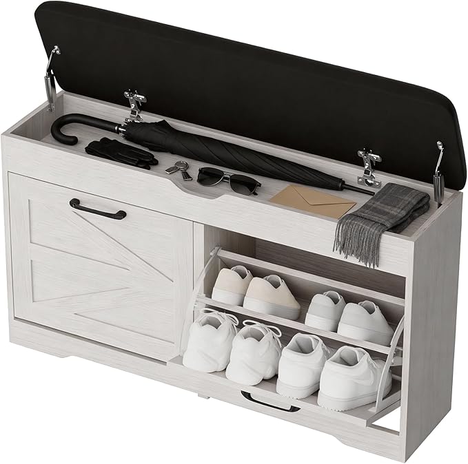 Shoe Storage Bench Cushion, Entryway Bench with Storage, End of Bed Shoe Benches, Small Shoe Rack Benches, Entry Way Shoes Cabinet for Entryway, Bedroom, Living Room, Farmhouse, White