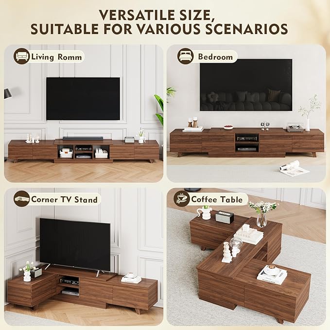 MEISSALIVVE Extendable TV Stand for Up to 120 Inch TV, Modern Entertainment Center with 4 Drawers & 2 Storage Compartments, Adjustable Length (95"-121"), TV Consoles for Living Room (Walnut)