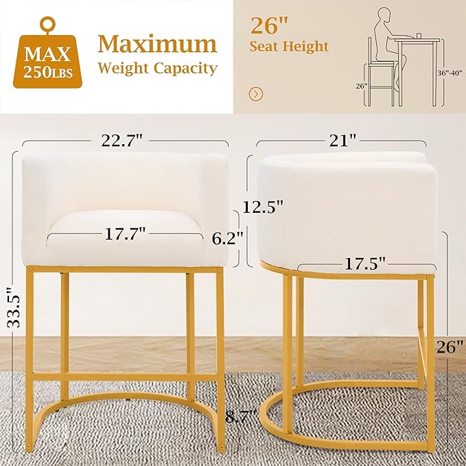 ClinQ 26" H Counter Height Bar Stools Set of 1, Modern Barrel Counter Stools with Backrest and Arms, Gold Metal Frames, Linen Fabric Upholstered Accent Barstools for Kitchen Island, Beige