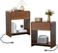 XUZENEST Fluted Nightstand Set of 2 with Charging Station, Modern Bed Side Table End Table with Drawer Storage, Large Wooden Night Stands Bedside for Bedroom Living Room Sofa Office, Walnut 2 Sets