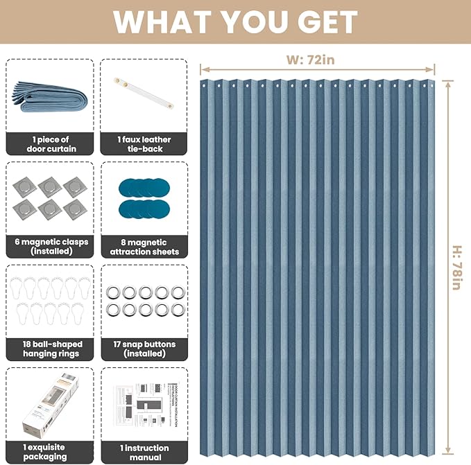Jilron Accordian Door Curtain, 100% Blackout Folding Magnetic Doorway Curtains,Linen Style Closet Doors,for Room Divider,Privacy Protection（W72 x L78,Blue,1 Panel）