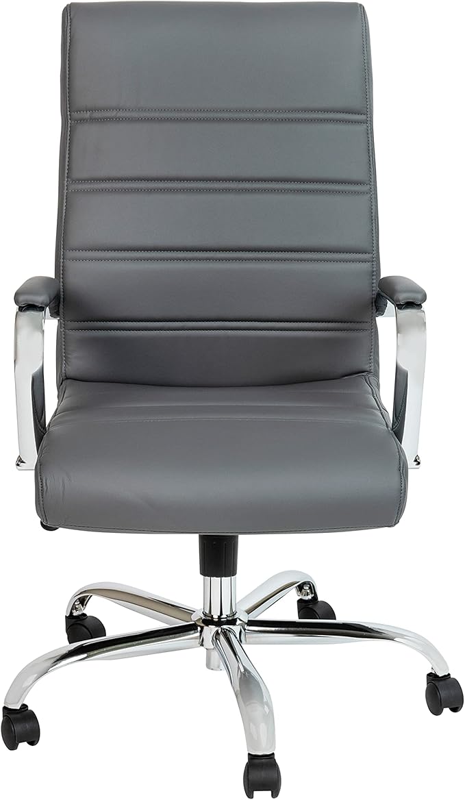 Flash Furniture Whitney High-Back Swivel LeatherSoft Desk Chair with Padded Seat and Armrests, Adjustable Height Padded Office Chair, Gray/Chrome