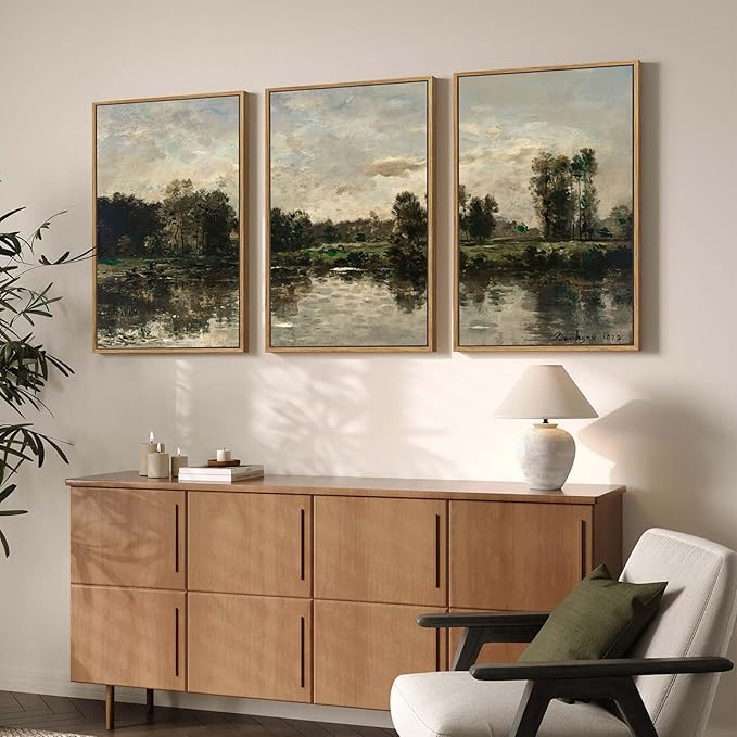 Framed Vintage Landscape Wall Art for Living Room, 3 Piece Rustic Lake Forest Canvas Artwork for Walls, Large Classic Nature Scenic Painting Prints for Bedroom Office Hallway Wall Decor, 20x30 Inch