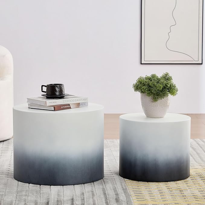 WILLIAMSPACE 18.9" Gradient Color Nesting Coffee Table Set of 2 for Living Room, Modern Round Coffee Tables Accent Circle Tea Table Set for Small Space, No Assembling, White + Blue