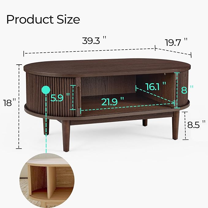 LINSY HOME Oval Coffee Table, Wood Coffee Table with Storage, Fluted Accent Center Table with Sliding Tambour Door, 39" Mid Century Modern Coffee Tables for Living Room, Bedroom, Apartment, Walnut