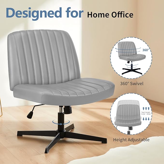DUMOS Desk Chair No Wheels, Criss Cross Chair Wide Cross Legged Office Desk Vanity Chair, PU Leather Armless Adjustable Swivel Chairs for Home Computer Task,Grey-pu