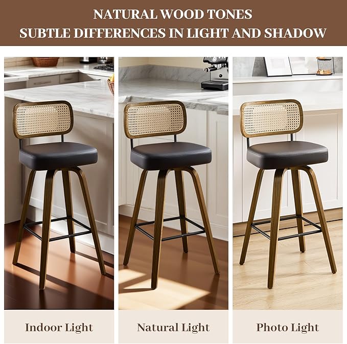 Bekrvio Swivel Counter Height Bar Stools Set of 4, Upholstered Faux Leather Barstools with Rattan Back, 26" Seat Height Bar Chairs for Kitchen Island, Bentwood Wood Frame, Black