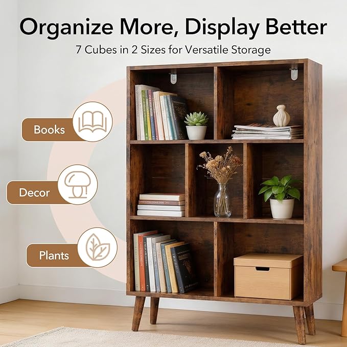 DUMOS Bookshelf, 7 Cube Book Shelf with Legs, 3-Tier Modern Wooden Bookcase, Free Standing Cube Shelf for Living Room, Bedroom, Office, Retro Brown